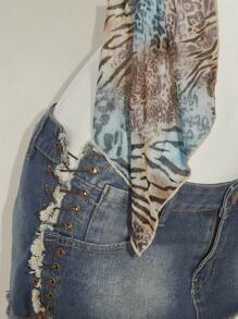 SHEIN ICON 复古豹纹露背挂脖无袖上衣，侧开衩下摆