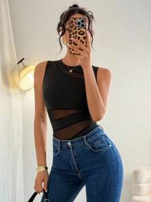 Islaluna Elegant Sexy Fashion Black Round Neck Sleeveless Bodysuit, Geometric Mesh Splice Slim Fit Knit Bodysuit For Women, Spring/Summer