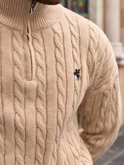 HIMLAND Men's Autumn/Winter Zipper Half-Open Chest Fashionable Knitted Pullover Sweater, Casual Knitwear Cable Knit Sweater Men Knit Jersey Quarter Zip Polo Sweater, Long Sleeve Top