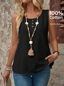 EMERY ROSE Plus Size Women's Casual Black Sleeveless Top With Button Decor Round Neck,Summer Holiday,Vacation Outfits Women,Simple And Fashionable For Everyday Wear,Vacay Vibes,Springbreak,Casual Wear SS,Bohemia,Going Out Outfits,2025 New Clothes,Fall Women Clothes,Comfortable And Breathable - Black - View 6