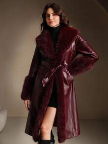 Anewsta Burgundy Shiny Leather Fitted Long Coat With Detachable Fur Collar, Fashion New Style For Autumn/Winter - Burgundy - View 8