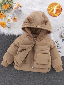 SHEIN 女婴/幼儿加厚羽绒服，新款冬季连帽仿毛皮内衬外套，带拉链和真口袋，前短后长，时尚秋季设计