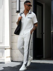 Manfinity Homme 男士撞色短袖衬衫和侧条纹裤套装男士两件套白色白色罗纹套装男士黑白套装 - 彩色 - 查看 3