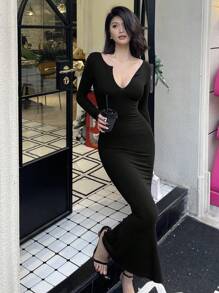 Strévra Women's V-Neck Wrap Long Sleeve Midi Dress,Fall Women Clothes - Black - View 2