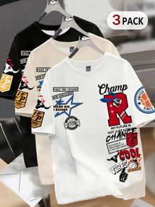 Manfinity Joysei 3 件男士黑色、白色、卡其色 T 恤，简约字母和兔子图案短袖圆领 T 恤 - 彩色 - 查看 9