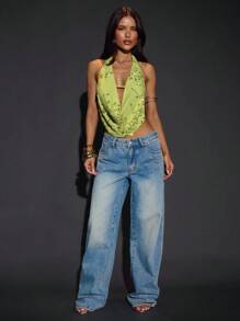 SHEIN BAE 绿色纯色优雅串珠刺绣露背吊带上衣，适合度假、音乐节、派对等场合。 - 綠色 - 查看 3
