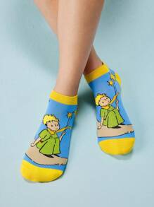 LE PETIT PRINCE X SHEIN 4 双柔软透气吸湿排汗休闲女士短袜时尚可爱卡通图案短袜加固脚趾和脚跟，适合所有季节，百搭，月亮和星星