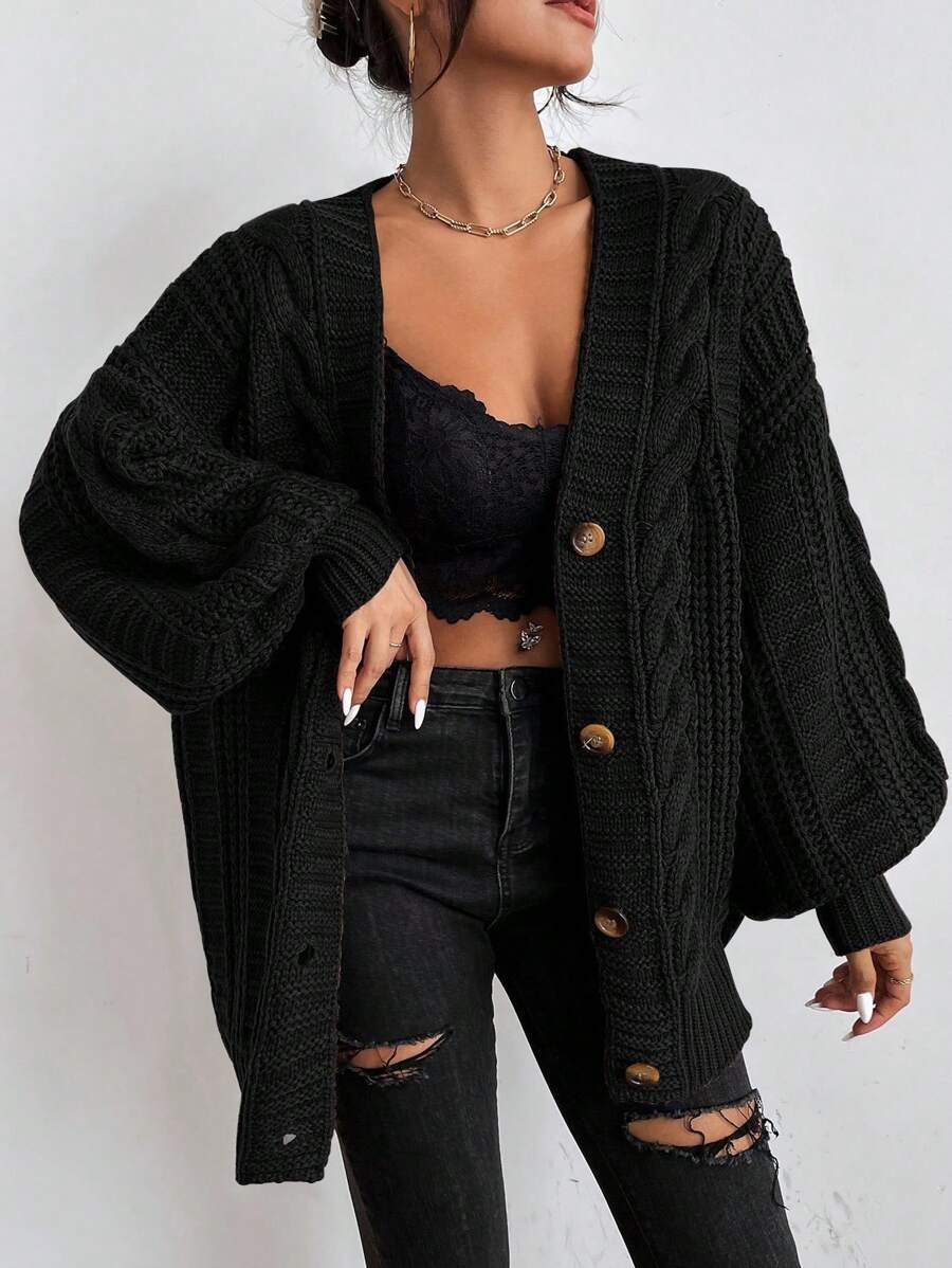 SoleilVie Women's Casual Loose Knit Cardigan With Cable Cable Pattern, Long Sleeve, Single-Breasted Knitted Sweater Clothes For University Fall Winter Cloth For Women - Black - View 1