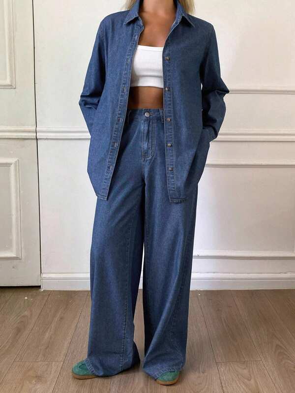 Livesso 女士宽松衬衫和休闲牛仔裤套装