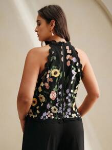 Anewsta 女士蕾丝网无袖花卉 3D 衬衫，黑色 - 黑色 - 查看 2