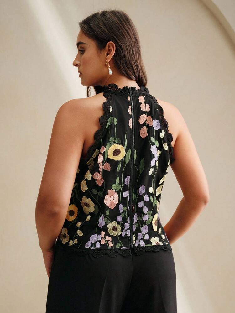 Women's Lace Mesh Sleeveless Floral 3D Top, Black