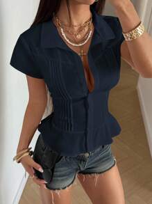 StreetHx Women's Peter Pan Collar Single-Breasted Sweet Fitted Hem Cap Sleeve Blouse - Navy Blue - View 5