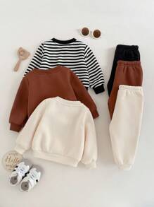 6 件套男婴和女婴可爱卡通条纹纯色长袖运动衫和针织踝带裤两件套服装，适合秋冬季