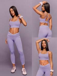 GLOWMODE FeatherFit™-Sculpt Sweat & Slay Stretchy Sweat-Wicking Double Crisscross Straps Adjustable Buckle Bottom Longline Sports Bra Jogging Gym Spring - Lilac Purple - View 8