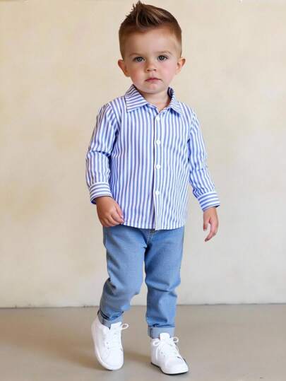 SHEIN 2 件/套幼儿男童休闲学院风舒适时尚上衣：蓝色条纹衬衫和牛仔裤，适合开学第一天、儿童服装、男婴服装、开学返校男童套装、男童服装，适合日常穿着、上学、旅行、运动、秋冬季