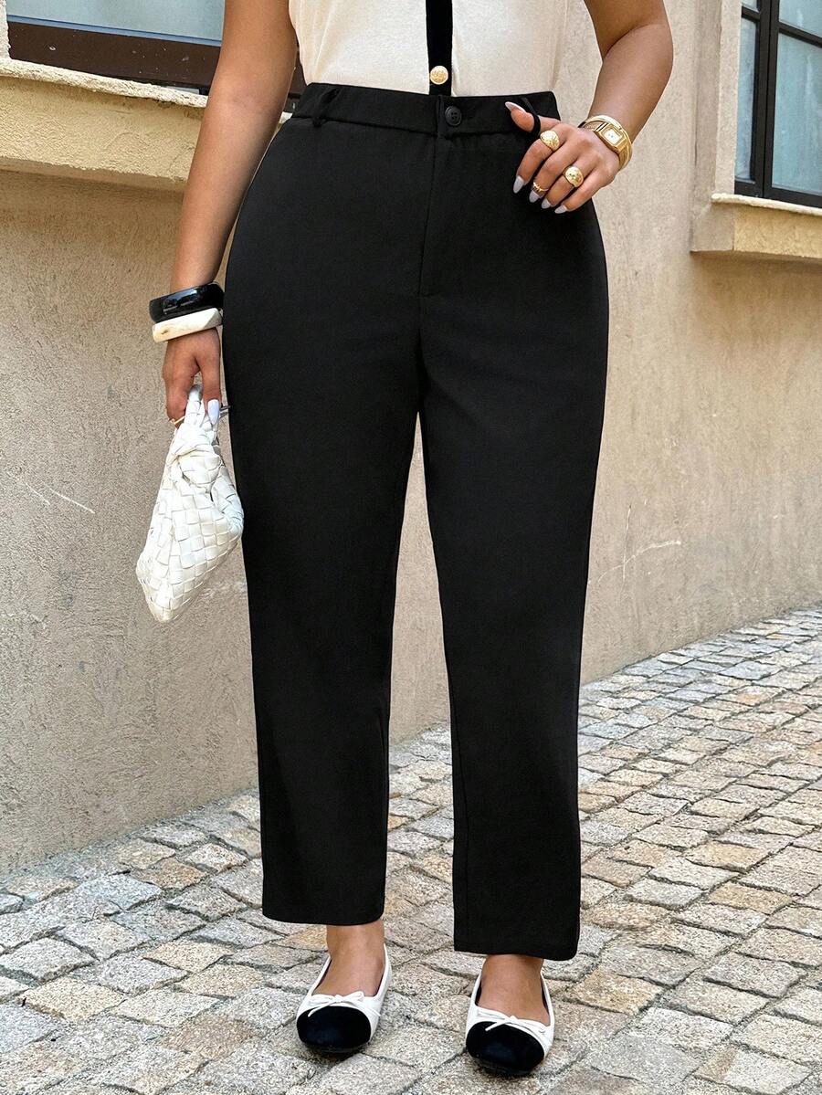 Dripcurv 大码女式纯色锥形九分裤，适合休闲工作 - 黑色 - 查看 1