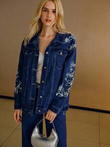 MOTF PREMIUM CHAQUETA DE MEZCLILLA CON BORDADO FLORAL - Azul lavado medio - Ver 5