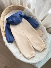 Infants/Toddlers Casual Sports Cute Bear Embroidered Patchwork Fleece Hooded Jumpsuit For Baby Boys/Girls, Suitable For Autumn/Winter Wear - Beige - View 2