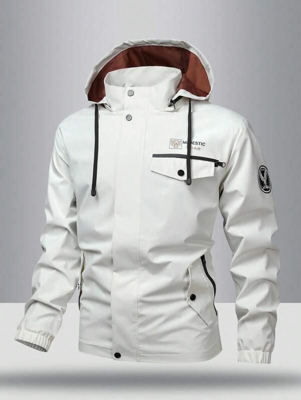Manfinity Homme Men's Fashion Jacket, New Casual Outdoor Jacket, Outdoor Jacket For Men, INS Style, Tiger Head & Eagle Print Sleeve, Suitable For All Seasons, Autumn/Winter And Daily Wear, Gift For Boyfriend/Husband, Casual Clothing, Y2K White Jacket Men Mens White Hooded Jacket Zip Up Jacket Men Mens Lightweight Jacket Casual Jacket Men, White Jacket Men, Snow Jacket Men, Techwear Jacket, Men Designer Jacket