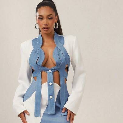 숄더 패드가 있는 믹스드 미디어 직조 디테일 크롭 블레이저, 비즈니스 캐주얼, 오피스