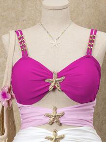 SHEIN Swim Curve Plus Size 1PC Swimsuit, Metallic Accent Minimalist Design, Vacation Beach Outfit For Women For Summer - Multicolor - View 8