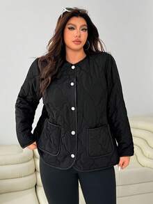 Solflare Plus Size Women Casual Diamond Pattern Warm Single-Breasted Thick Winter Jacket Plus Size Quilted Jacket Black Quilted Jacket Fall Autumn - Black - View 4