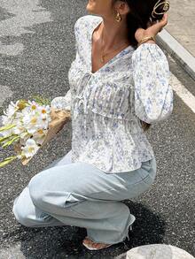 Serisse 休闲宽松碎花长袖系带衬衫，适合女性日常穿着，秋季百搭，适合返校、外出、办公等场合，蓝色碎花衬衫，波西米亚风衬衫，适合冬季、春季、度假度假 - 藍色 - 查看 7