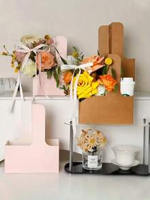 Brown&Pink Kraft Paper Flower Bouquet Gift Bags Paper Material, Handle Drink Carrier For 2 Cup Floral Wrap Packing Box Paper Holder Basket - Perfect For Valentine's, Mother's Day & Wedding Decorations, Birthday Gifts For Men, Valentine Box, Men Gift Box, Gift For Man, Gift Bags Bulk, Blue Gift Bag, Valentines, Valentine's Day, Valentines Gifts, For Mother's Day, Bridesmaid Gifts, Graduation Gifts, Birthday Gifts, Wedding Gifts,Birthday,Bride,Wedding