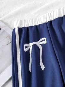 SHEIN Genkimix Kids Young Girls Cute Bow Print White Side Stripe Decor Comfortable Fashionable Casual Long Sweatpants, Autumn/Winter - Blue - View 3