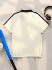 Casuvi Kids Oversized Boys' Casual V-Neck Striped Numeric & Letter Print Short Sleeve T-Shirt, Loose Fit Comfortable Versatile For Daily Wear, Commute, Outdoor, Sports, School, Streetwear, Party, Photography - Suitable For Autumn, Spring, Summer - Multicolor - View 2