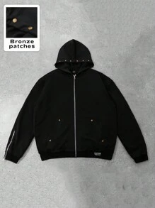 PAVTROS 男士街头时尚和嘻哈风格运动衫连帽衫，针织连帽运动衫运动衫，针织运动服，拉链和铆钉装饰，极简主义设计，独特风格，街头文化，年轻时尚，休闲舒适，简约别致，节日礼物，中性男士黑色拉链连帽衫黑色拉链连帽衫夹克拉链连帽衫带古铜色补丁男士街头风连帽衫宽松拉链连帽衫 - 黑色 - 查看 2