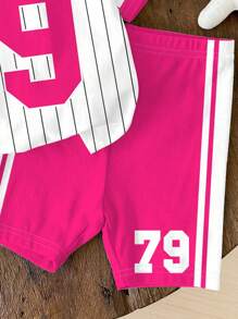 SHEIN 2 件女婴休闲宽松数字 79 印花圆领短袖 T 恤和紧身骑行短裤套装，适合春夏季、清凉夏季、度假氛围 - 彩色 - 查看 5