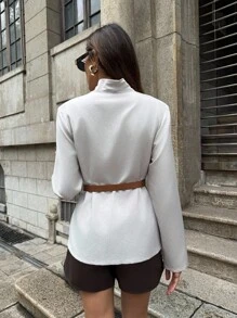 Firerie Women's Elegant Linen Solid Color Stand Collar Long Sleeve Cinched Waist Linen Blazer, Versatile For Autumn, Fall, Old Money Style, Office - Apricot - View 9
