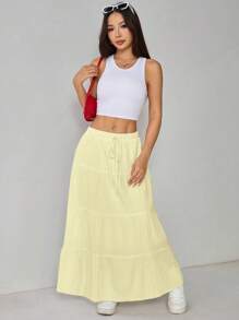 SHEIN PETITE 女士纯色高腰系带荷叶边下摆长裙 - 黃色 - 查看 5