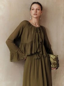 Revavyn Bộ đồ hai mảnh Cardigan và váy Maxi thanh lịch mùa hè dành cho nữ, phong cách thường ngày và đi làm - xanh quân đội - Xem 7