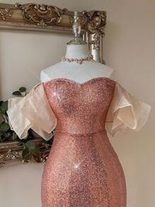 SHEIN Belle 优雅香槟色精致亮片面料闪亮丝绸和欧根纱拼接亮片鱼尾下摆露肩不对称泡泡袖和鱼尾紧身连衣裙，采用不对称泡泡菱形形状，适合华丽优雅的返校派对招待会婚礼季节母亲节音乐节毕业季派对复活节假期派对场合女士编码鸡尾酒会礼服 - 香檳色 - 查看 2