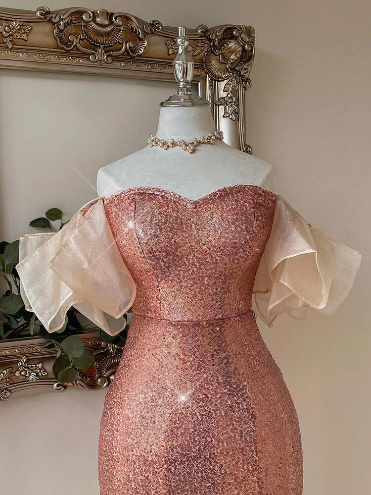 Elegant Champagne Fine Sequin Fabric Shiny Silk And Organza Splicing Sequined Fishtail Hem Off Shoulder Asymmetrical Puff Sleeves AndFishtail Bodycon Dress With Asymmetrical Bubble Rhombus Shape Suitable For Gorgeous And Elegant Back-To-School Party Receptions Wedding Seasons Mother's Day Music Festival Graduation Season Showers Easter Holiday Party Occasions Women's Coded Cocktail Dresses