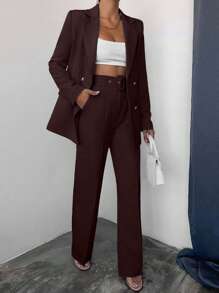 EURMUSE Women's Solid Color Lapel NeckLong Sleeve Jacket And Pants Casual Suit Set - Brown - View 4