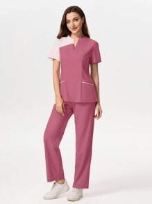 TaskEZ Conjunto de uniforme de pijama médico con cuello en contraste, bolsillo y manga corta - Rosa Oxidada - Ver 1
