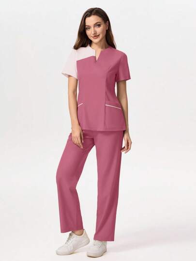 TaskEZ 撞色缺口领口袋短袖手术服套装