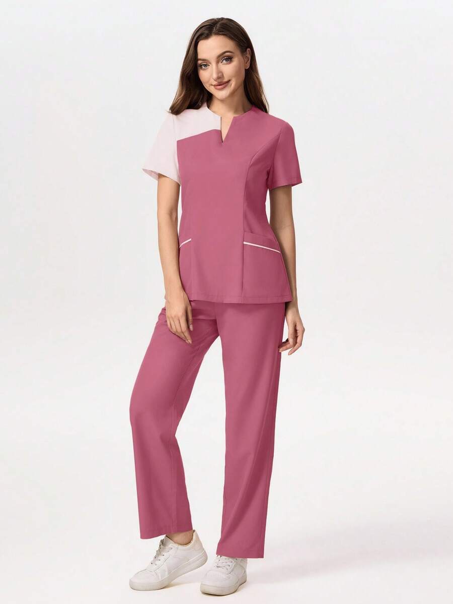 TaskEZ Conjunto de uniforme de pijama médico con cuello en contraste, bolsillo y manga corta - Rosa Oxidada - Ver 1