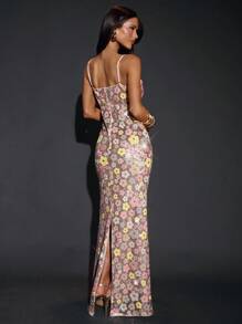 SHEIN BAE 女款粉色花卉夏季70年代復古夜生活派對亮片細肩帶洋裝，優雅後開衩直筒長裙，適合婚禮賓客、生日正式場合 - 彩色 - 查看 3
