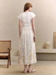 Arave 女式雪纺褶饰刺绣V领修身连衣裙