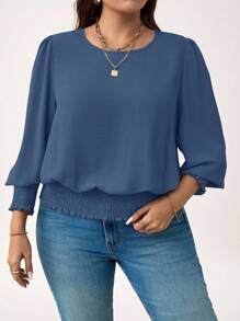 SHEIN LUNE Áo cánh tay đèn lồng màu trơn cỡ lớn, thường ngày, áo xanh dương ngày lễ năm mới - Màu xanh bụi bặm - Xem 1