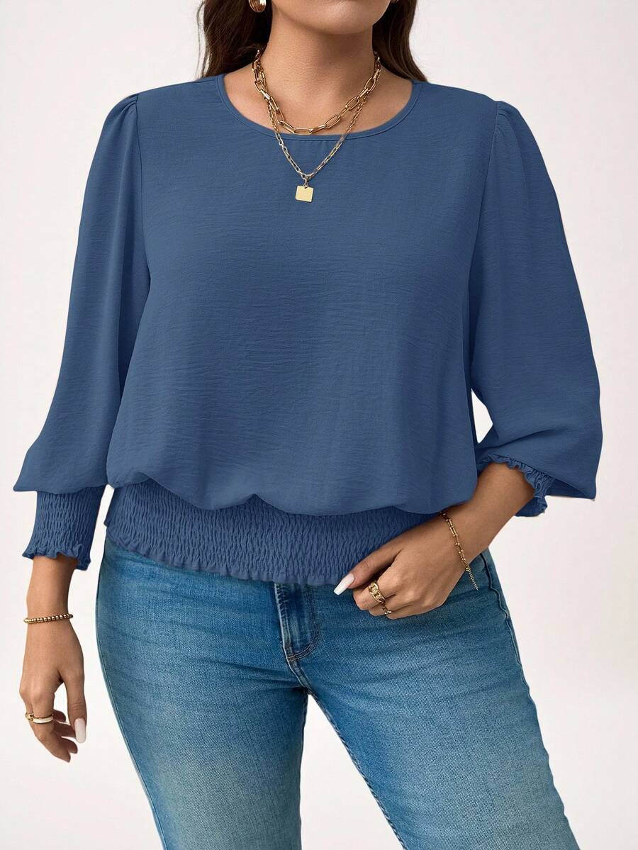 SHEIN LUNE Áo cánh tay đèn lồng màu trơn cỡ lớn, thường ngày, áo xanh dương ngày lễ năm mới - Màu xanh bụi bặm - Xem 1