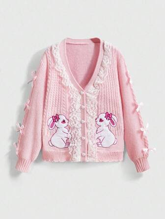 Kawaii Women's Coquette Innocent Girl Cute Rabbit Embroidered Lace Trim Bow Decor Heart Button Plus Size Cardigan, Pink