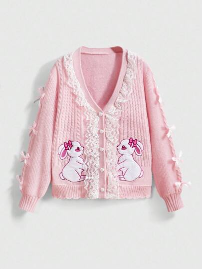 Kawaii Cardigan rosa oversize da donna con decorazioni a cuore, fiocco e ricamo di coniglietto carino, stile innocente e affascinante