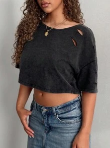 StreetHx Women's Distressed Washed Ripped Short Crew Neck Short Sleeve T-Shirt - Black - View 4
