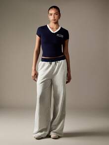 MISSGUIDED 女式阔腿运动裤运动俱乐部图案设计休闲家居裤混色撞色腰带抽绳舒适家居服街头时尚秋冬 - 淺灰色 - 查看 3