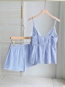 Comfortcana Casual Vacation Striped V-Neck Ruffle Camisole And Shorts 2 Pieces Set Striped Set Beach Women Summer Sets - Blue - View 2
